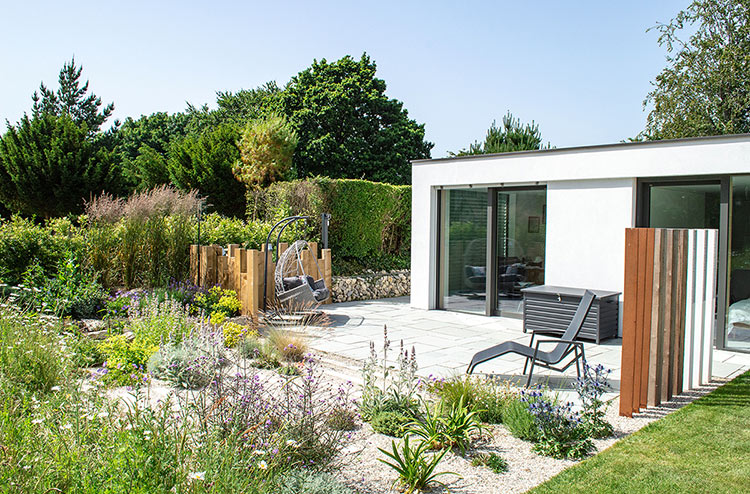 Raised planters and water feature
